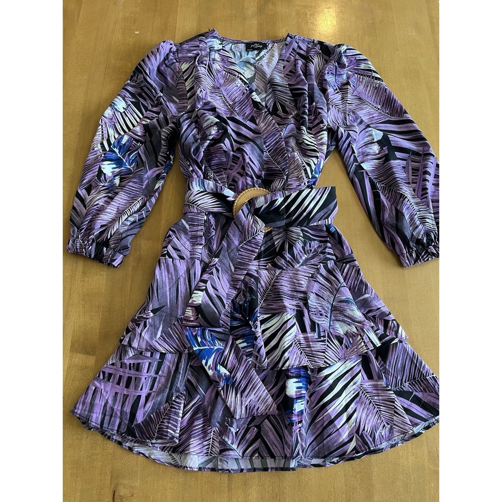 Milk & Honey Women's Purple Blue Palm Leaf Dress Belted Sz S‎ Small Tropical